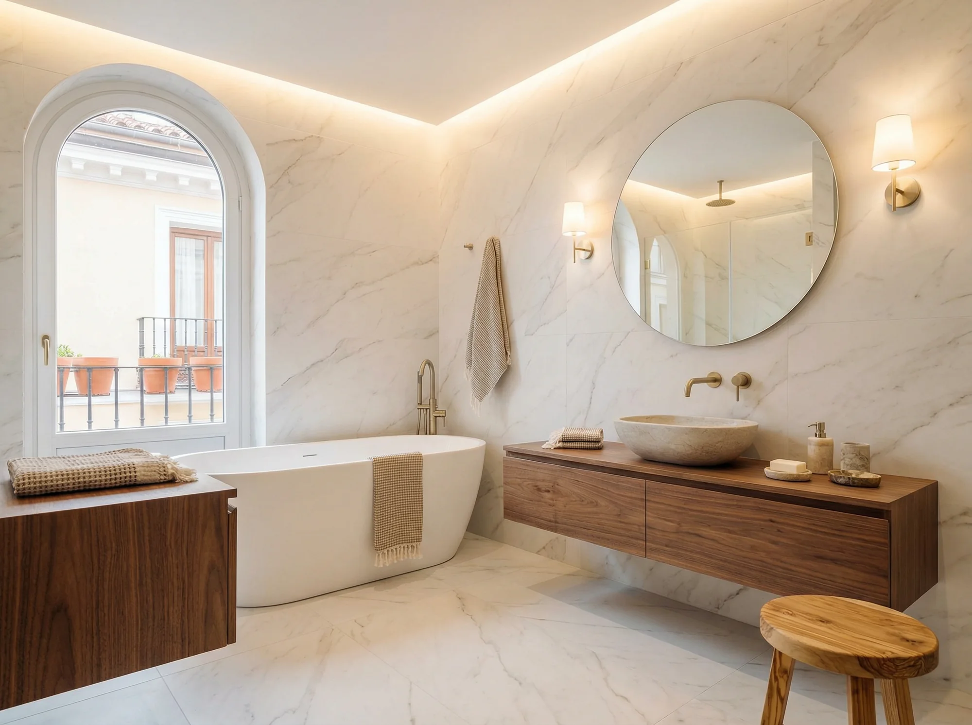 Baño renovado con madera, mármol y grifería dorada