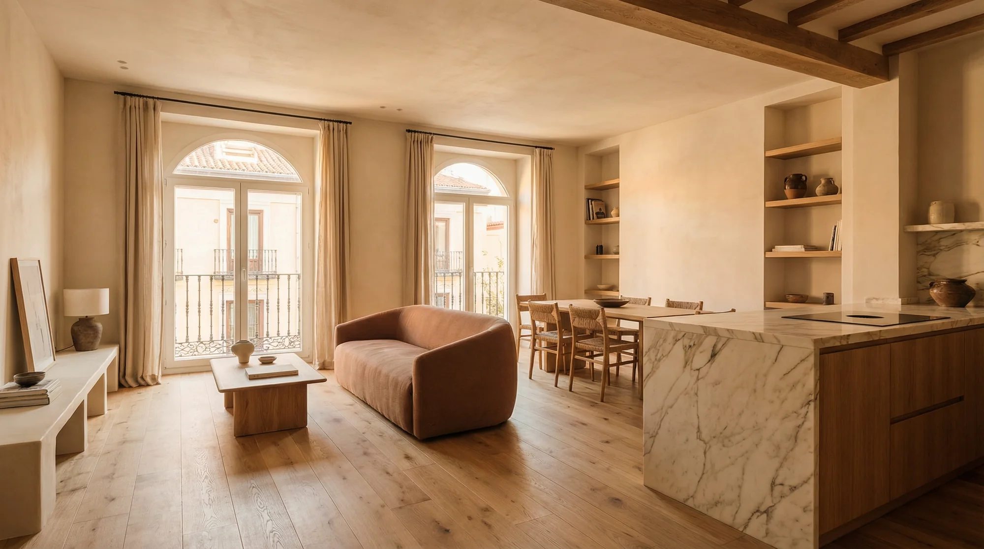 Salón y cocina renovados con acabados cálidos