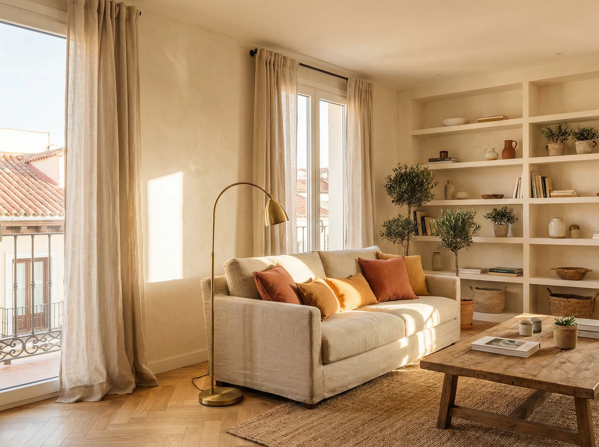 Salón renovado con acabados cálidos y luz natural